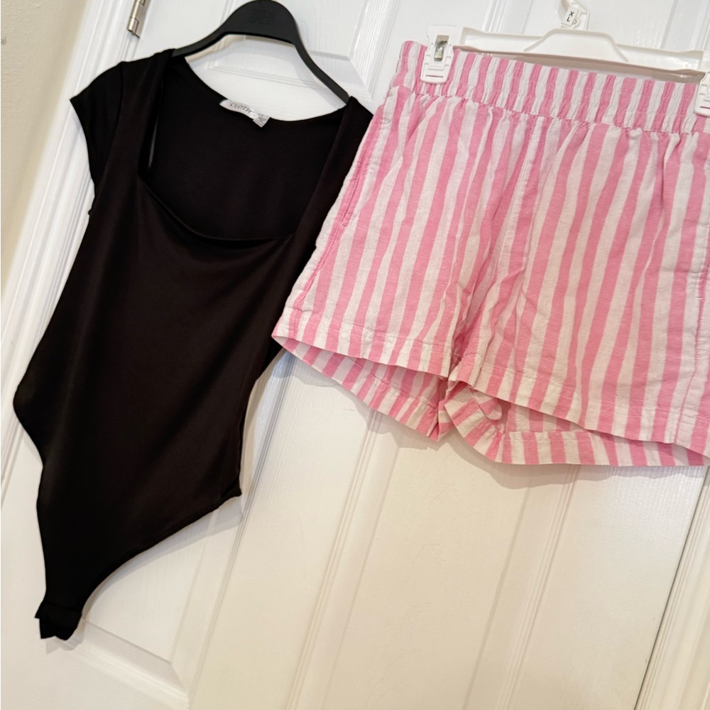 Black Bodysuit and Pink Striped Shorts Set